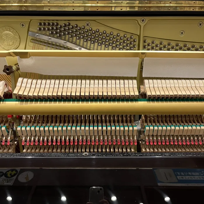 Rows of felt hammers inside an upright piano